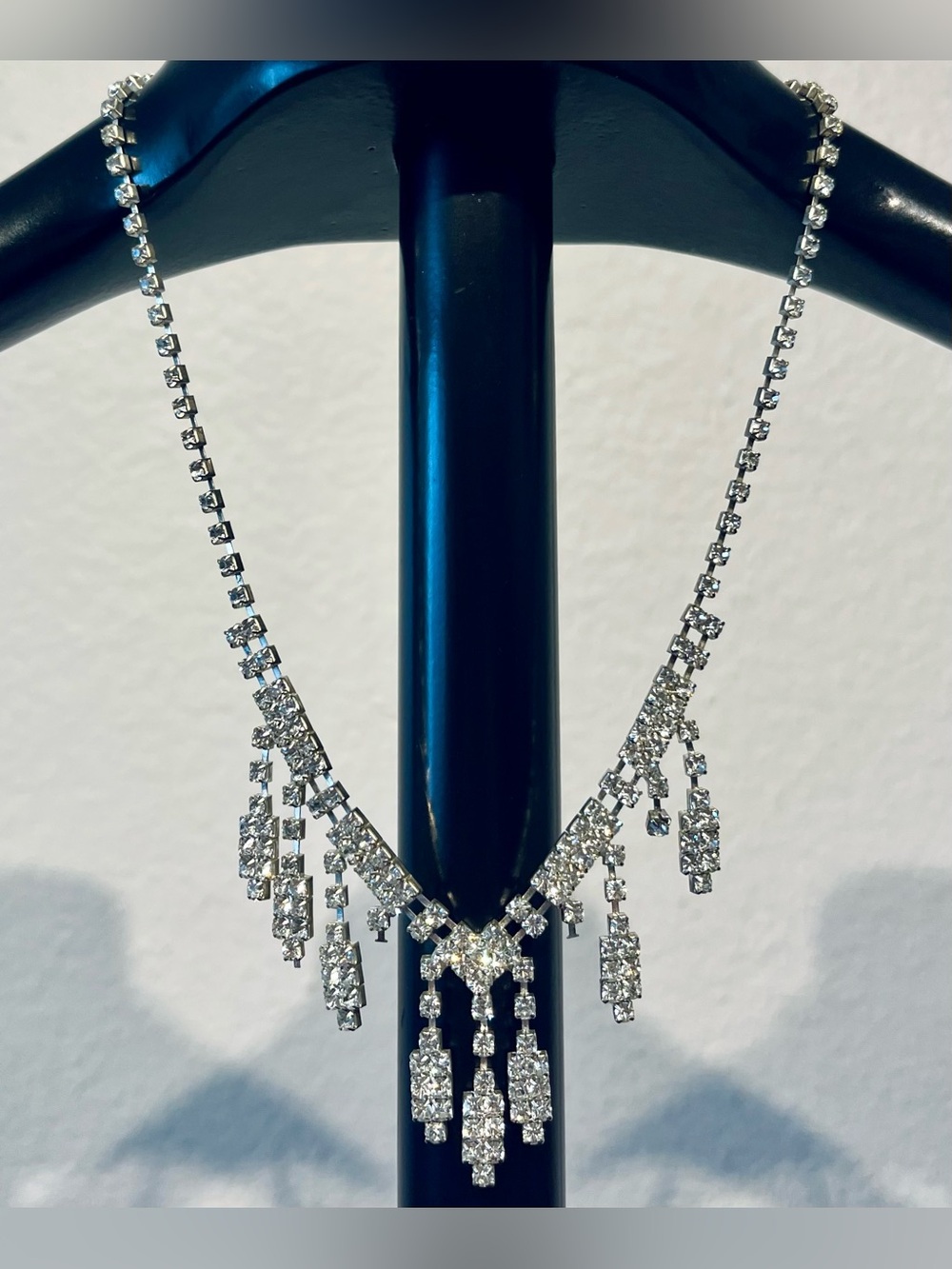 Vintage Y2K Silver Tone Crystal Drop Statement Necklace